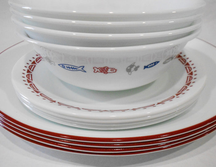 ❤️ 12-pc Corelle HARBOR TOWN Dinnerware Set / FISH Fishing Boat Red Blue Gray