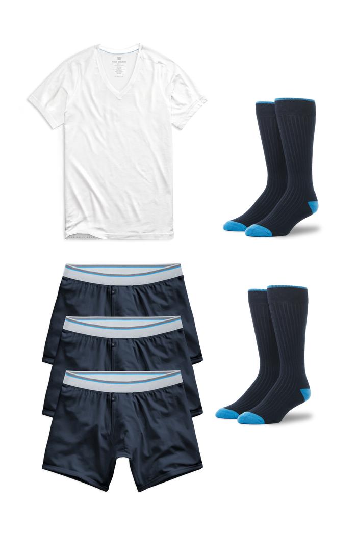 Front laydown of 18-Hour Essentials pack that includes an 18-Hour V-Neck Undershirt, 3 Pairs of 18-Hour Boxer Briefs and 2 Pairs of Everyday Extended Crew Socks