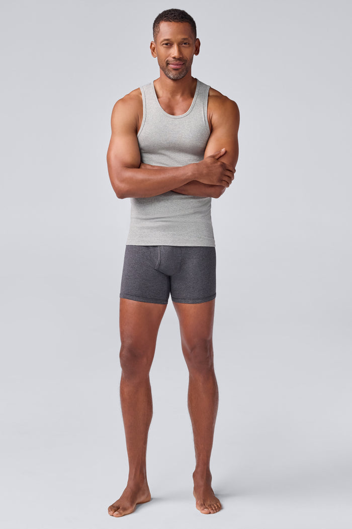 Full front view of a man wearing 18-Hour Rib Tank in Grey Heather