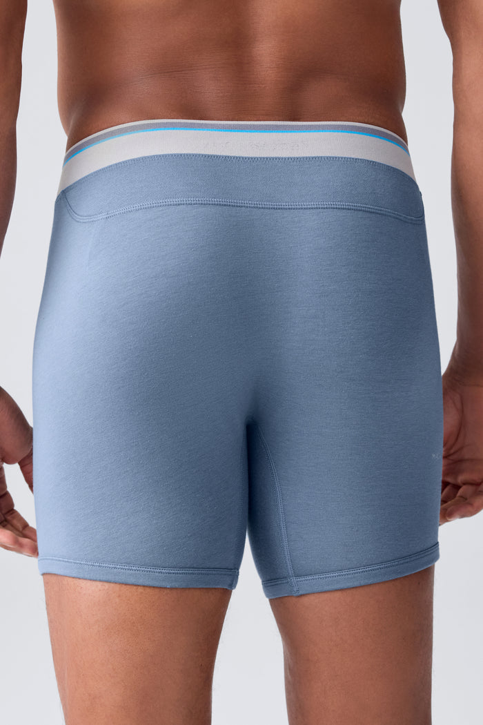 Back view of a man wearing 18 hour Jersey Boxer brief in Ice storm