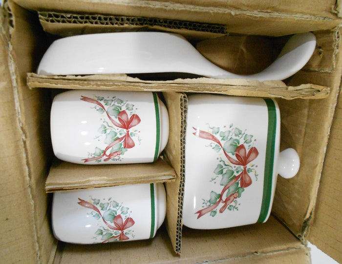 ❤️ 6-pc Corelle CALLAWAY RIBBONS Holiday TABLETOP SET *Spoon Rest Napkin Shakers