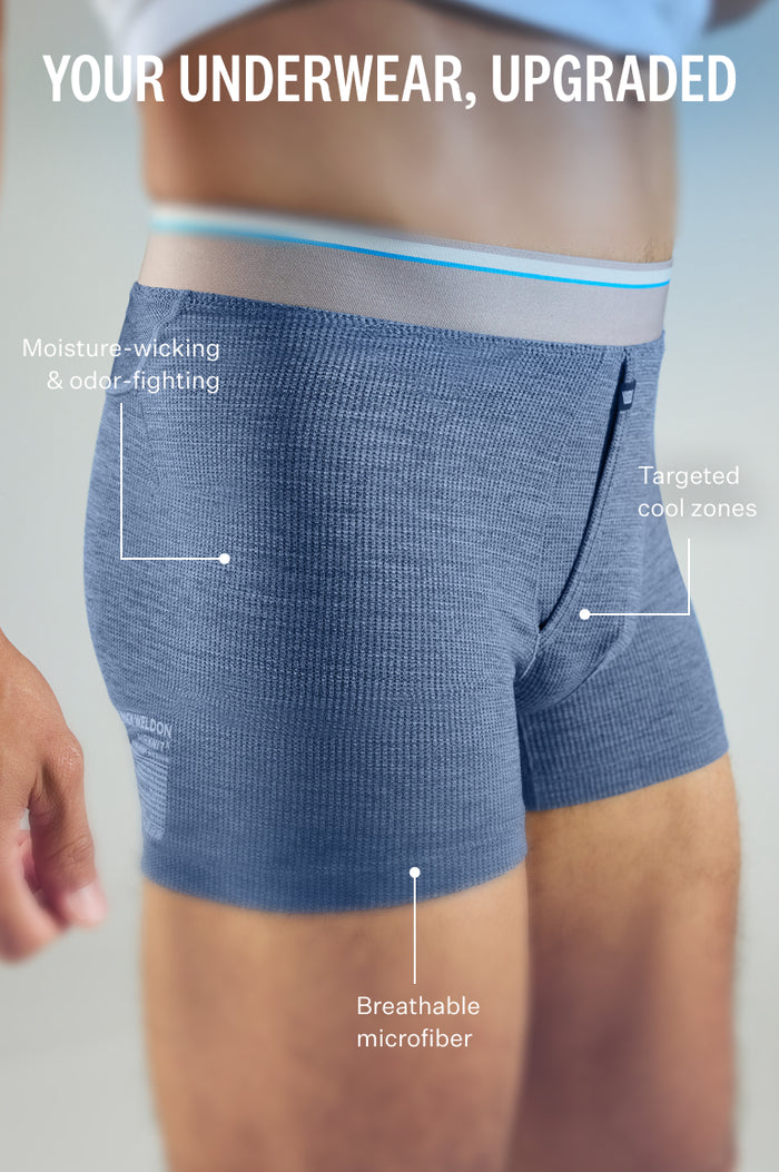Airknitx boxer brief with a fly. Callouts to the fabric being moisture-wicking, odor-fighting and breathable.