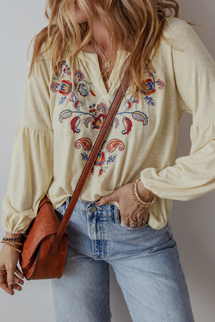 Beige Paisley Floral Embroidered Notch V Neck Blouse - Tops/Blouses & Shirts