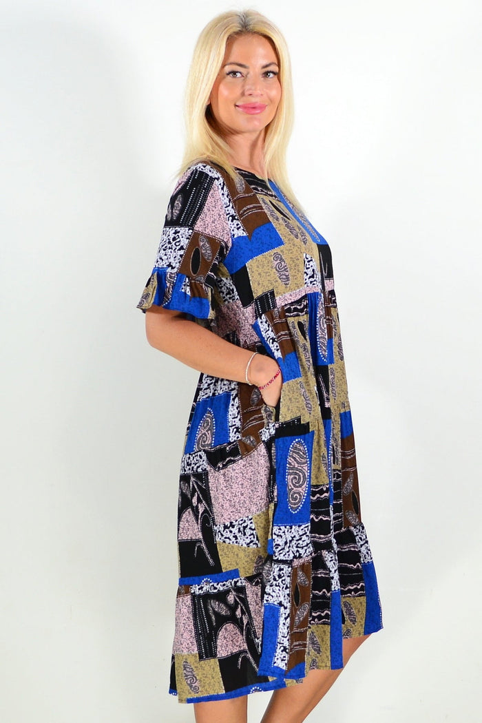 Blue and brown squares patterned tunic dress by Hourglass, featuring a relaxed fit and stylish design.