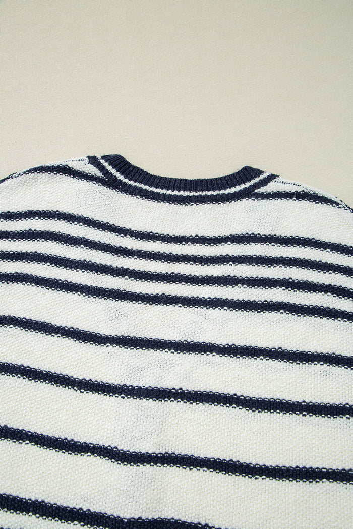 Blue Stripe Loose Buttoned V Neck Sweater Vest - Sweaters & Cardigans/Sweater Vests