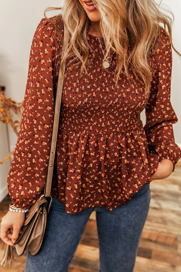 Boho Floral Smocked Bust Ruffled Peplum Blouse - Tops/Blouses & Shirts