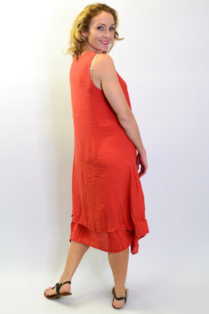 Burnt orange sleeveless button tunic dress by La Mode, casual style with front buttons and relaxed fit, displayed on a plain background.