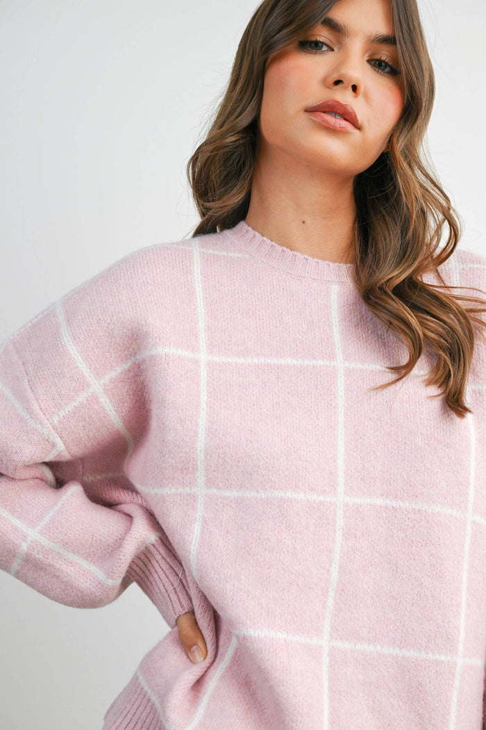 Checkered Crew Neck Knit Sweater - Intimate Whispers