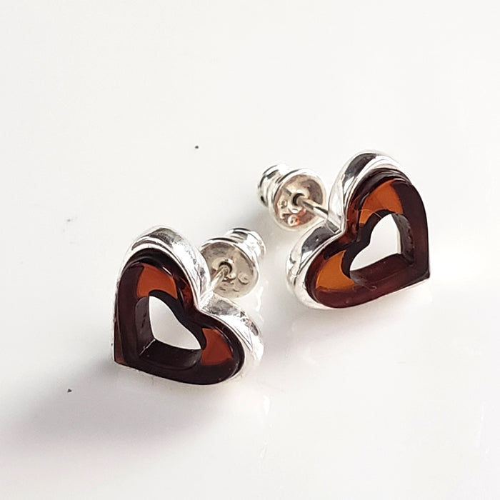 Cherry Amber in Silver Heart Stud Earrings BuyRussianGifts Store