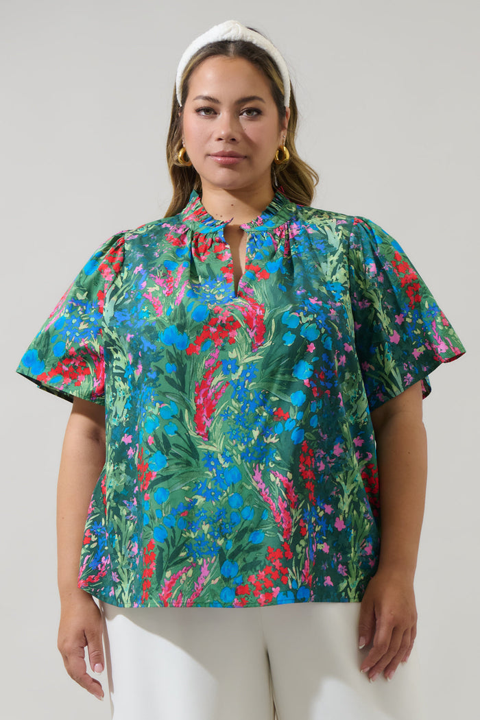 Devin Floral Reva Split Neck Top Curve