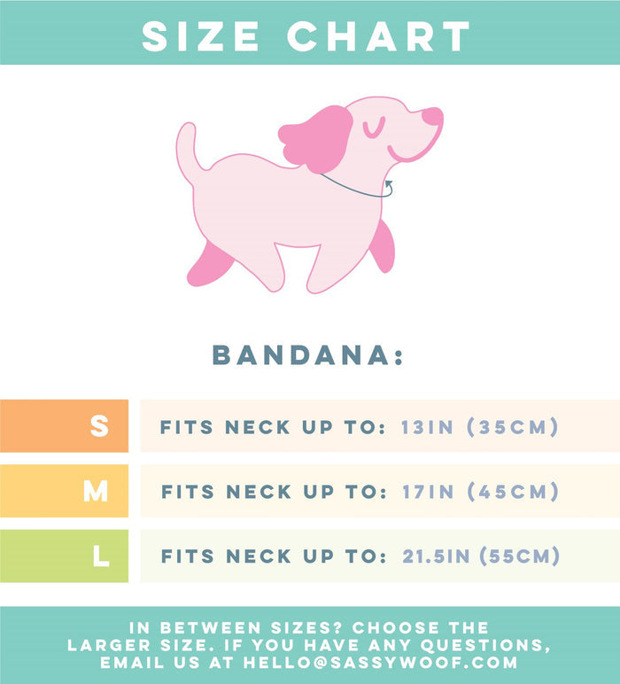 Size chart for the Sassy Woof Dog Bandana - MLB™ x Peanuts™ Baltimore Orioles™. Pink dog illustration above sizes: S fits necks up to 13", M up to 17", L up to 21.5". Questions? Email hello@sassywoof.com.