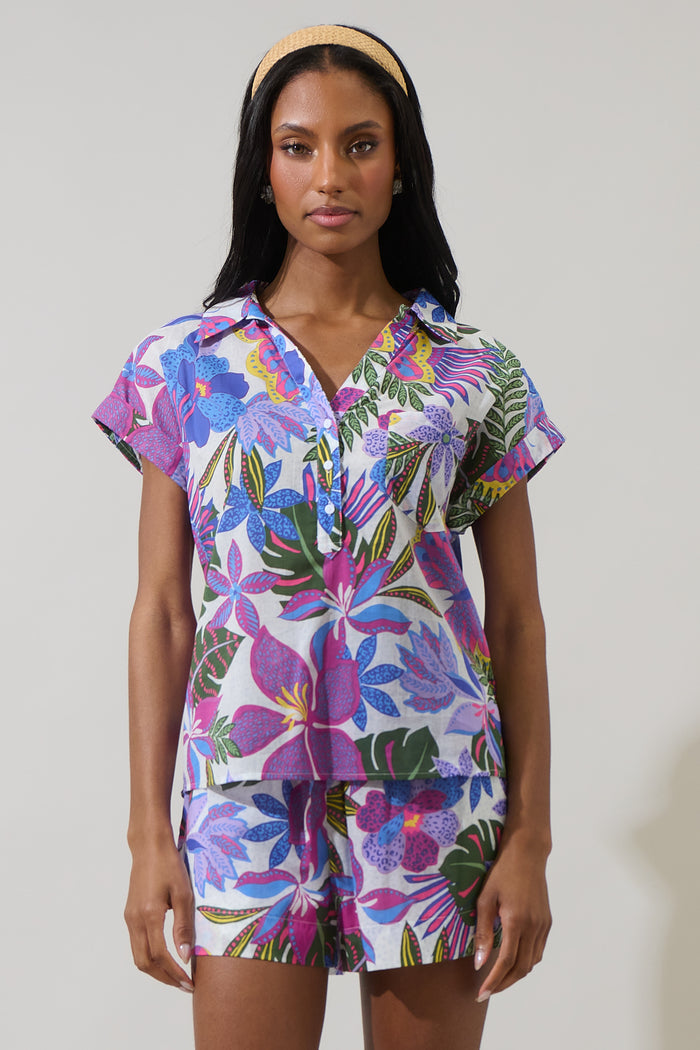 Evren Tropics Cory Collared Button Up Top