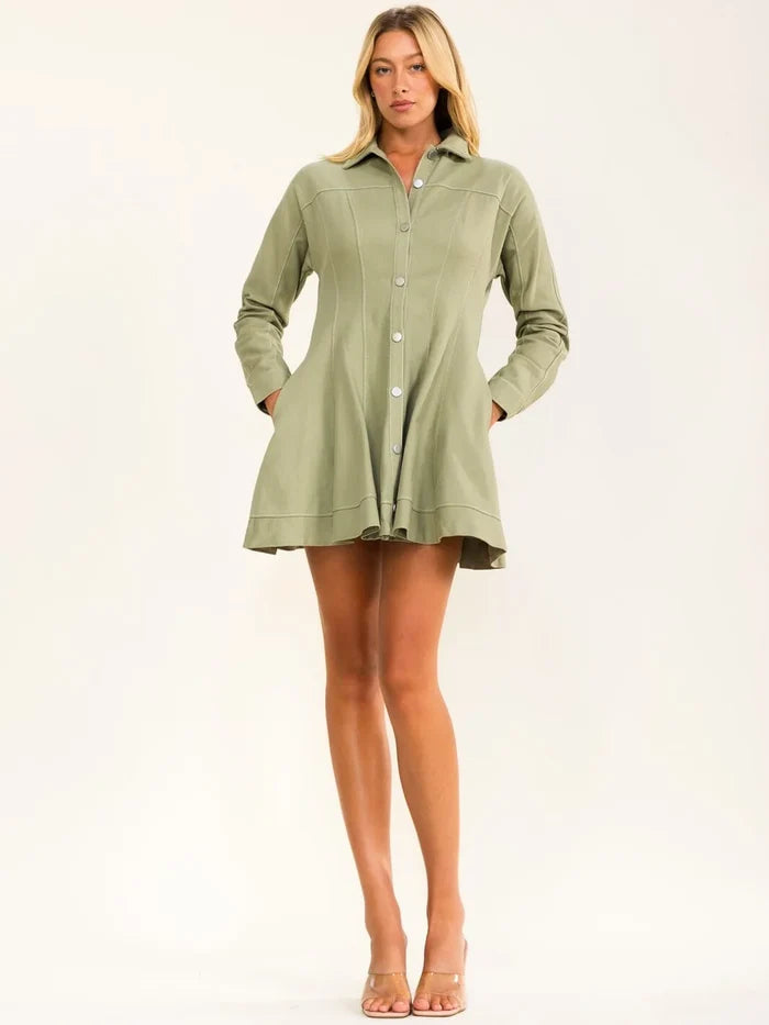 Fit-and-Flare Mini Denim Dress Olive-Cute-Trendy-Shop-Womens-Boutique-Clothing-Store