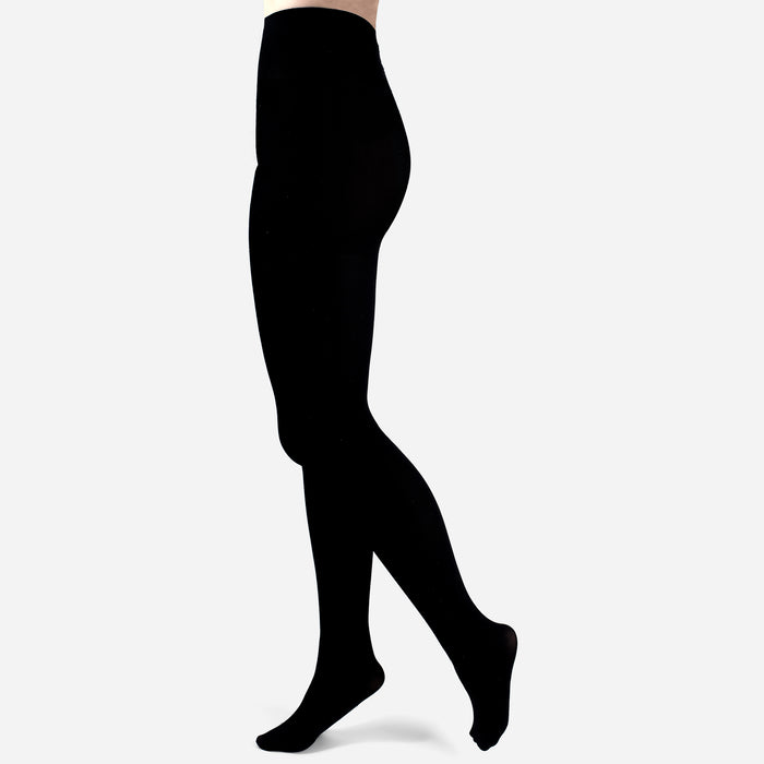 Black graduated compression tights displayed on a model's leg, showing a smooth, fitted design.