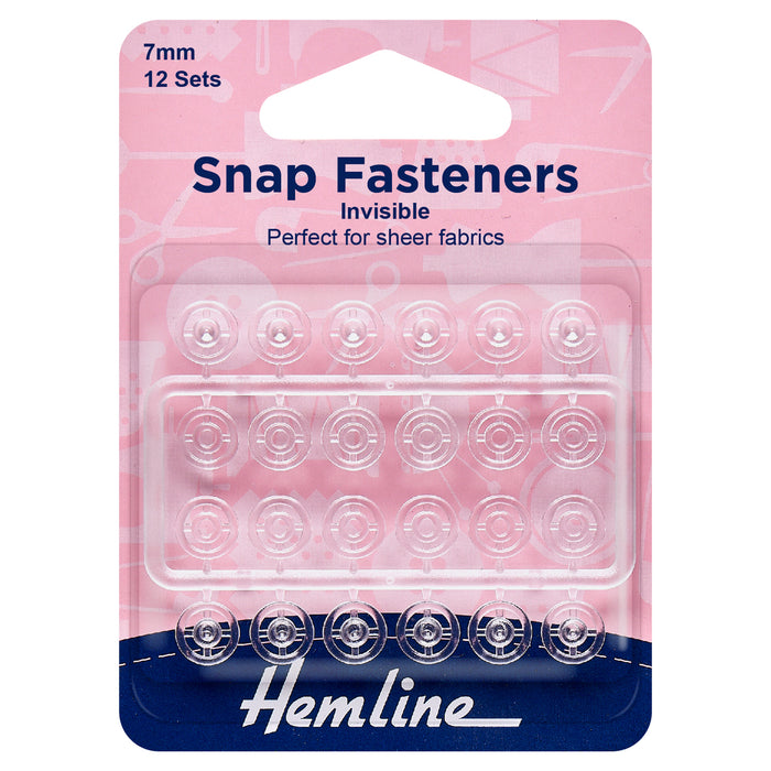 Hemline Snap Fasteners: Sew-on: Clear (Invisible): 7mm: Pack of 12 - Snaps