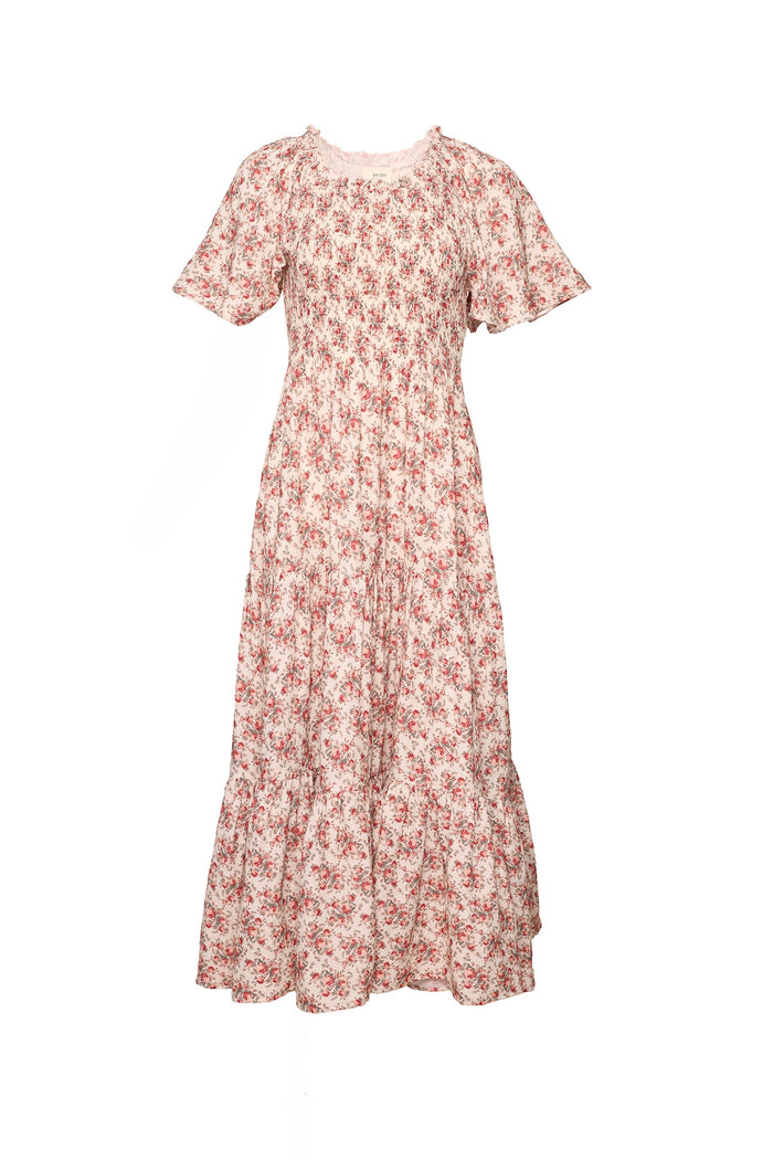 The Jovie Dress in Ivory Heritage Rose by Ivy City Co features a red floral print on a light background, short sleeves, and a ruffled hem—perfect for matching mom and me moments.