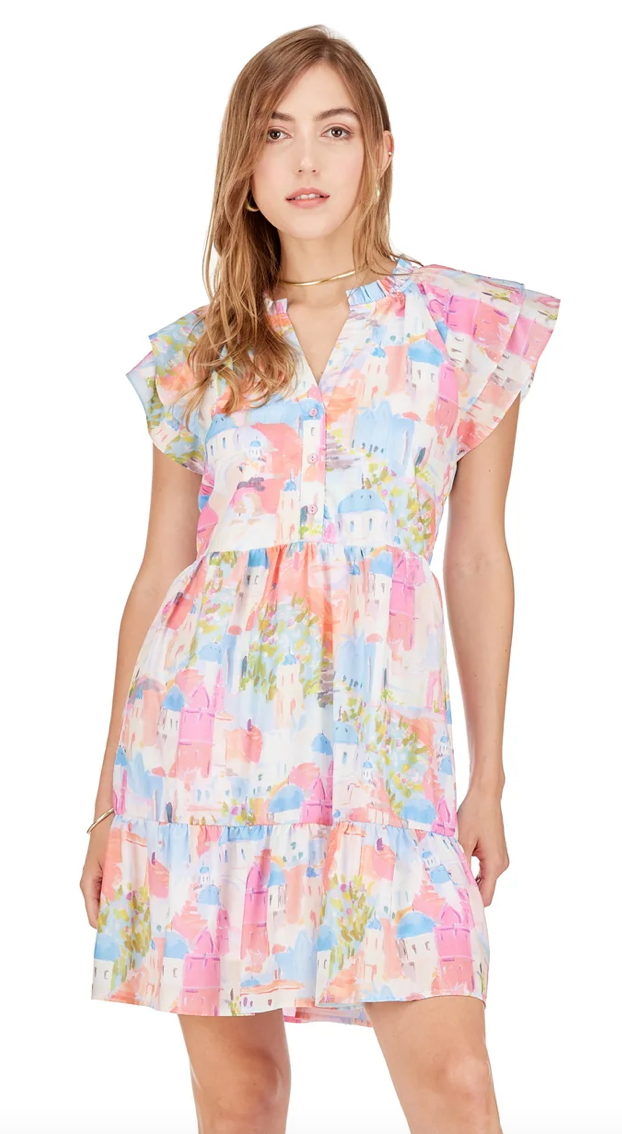 JoyJoy Seaside Houses Flutter Sleeve Dress