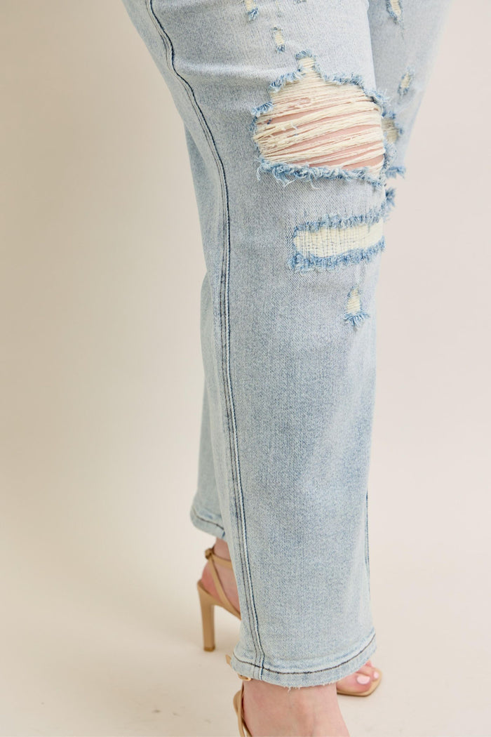 Judy Blue Mid Rise Repair Stitch Detail Destroy Single Cuff Boyfriend Jeans