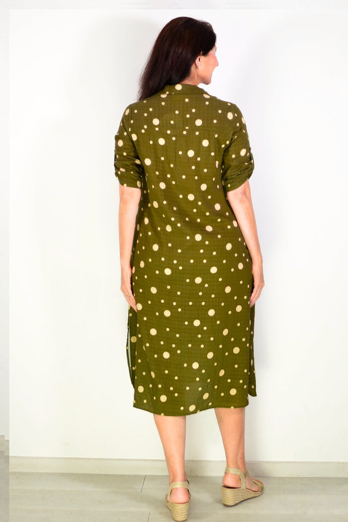 Khaki spotted long tunic shirt by La Mode featuring a relaxed fit and button-front design, displayed on a hanger.