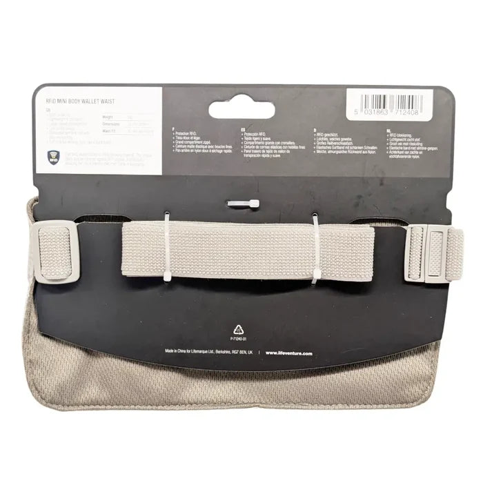 Lifeventure RFiD Mini Waist Wallet biege packaging detail from the reverset on a white background