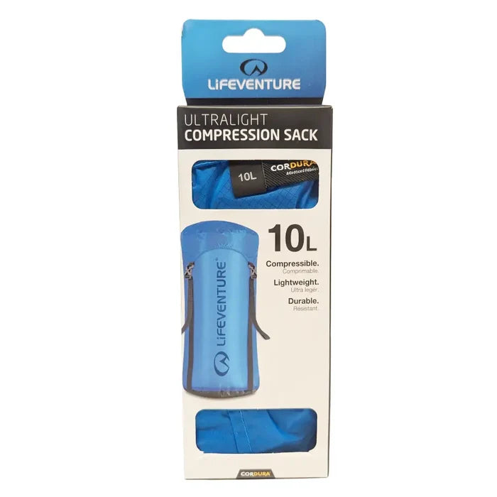 Lifeventure Ultralight Compression Sack 10 Litres in blue colour showing the packaging front details on a white background