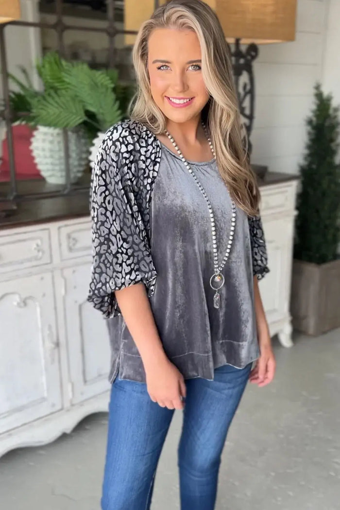Medium Grey Leopard Splicing Lantern Sleeve Velvet Blouse - Tops/Blouses & Shirts