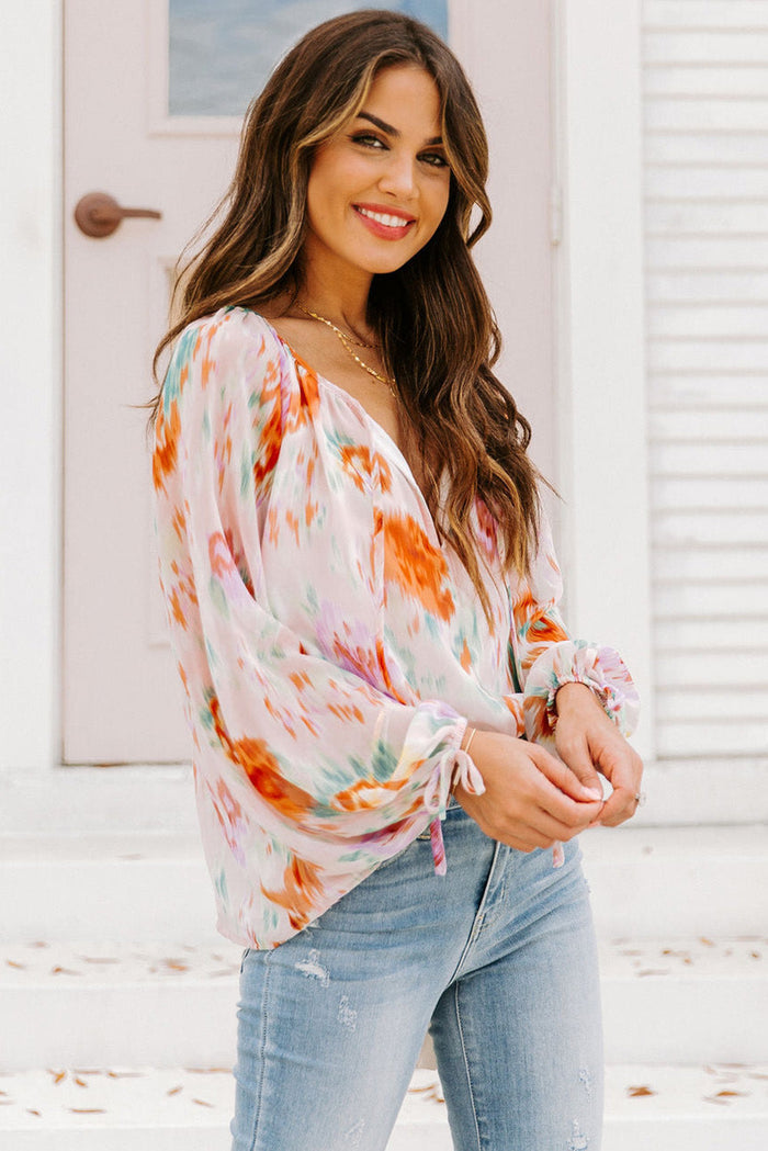 MultiColour Abstract Print Split Neck Puff Sleeve Blouse - Tops/Blouses & Shirts