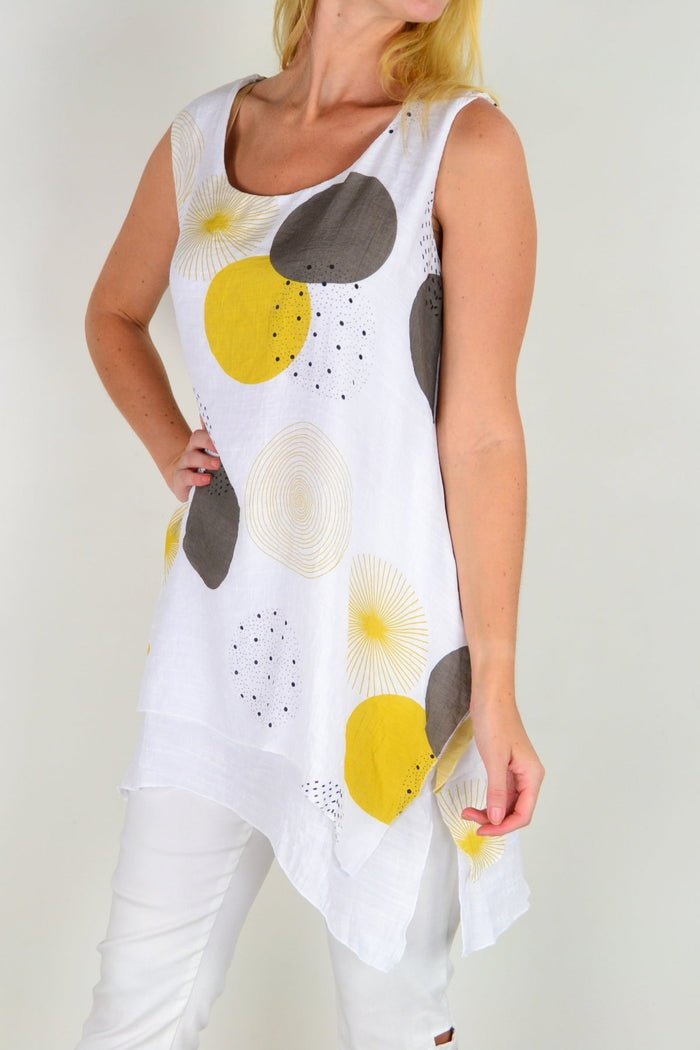 Mustard yellow La Mode sleeveless circle tunic top with relaxed fit and round neckline, displayed on a hanger.