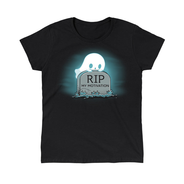 Classic Cotton T-shirt_TeeTurtle My Motivation black t-shirt featuring a ghost peeking over a gravestone with the inscription "RIP My Motivation," set against a dark background with eerie blue lighting.