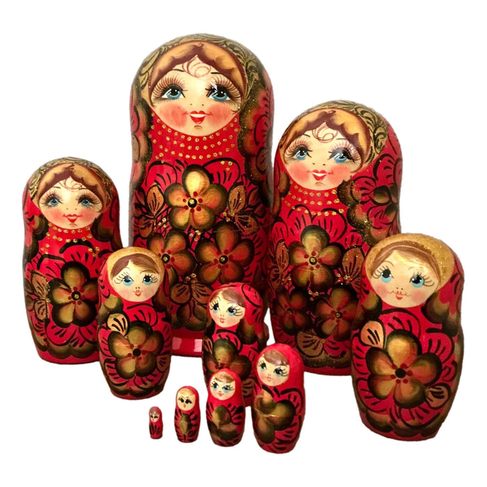 Nesting Dolls Large 10 Piece Set Blue Gold Flowers BuyRussianGifts Store