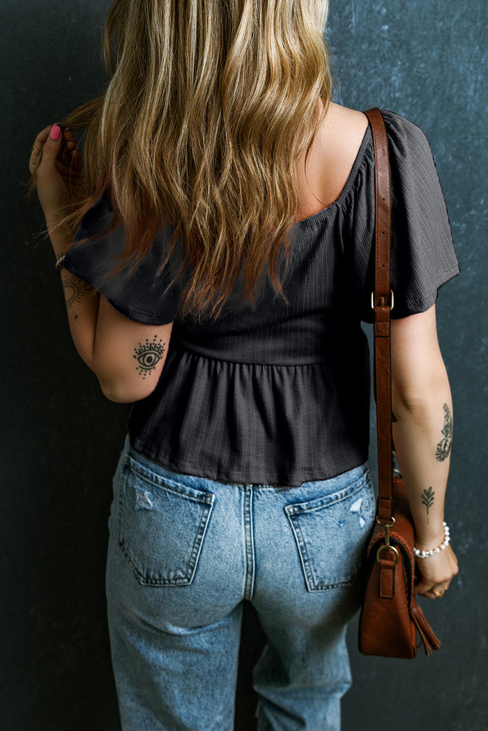Oatmeal Shirred V Neck Short Flutter Sleeve Textured Blouse - Tops/Blouses & Shirts