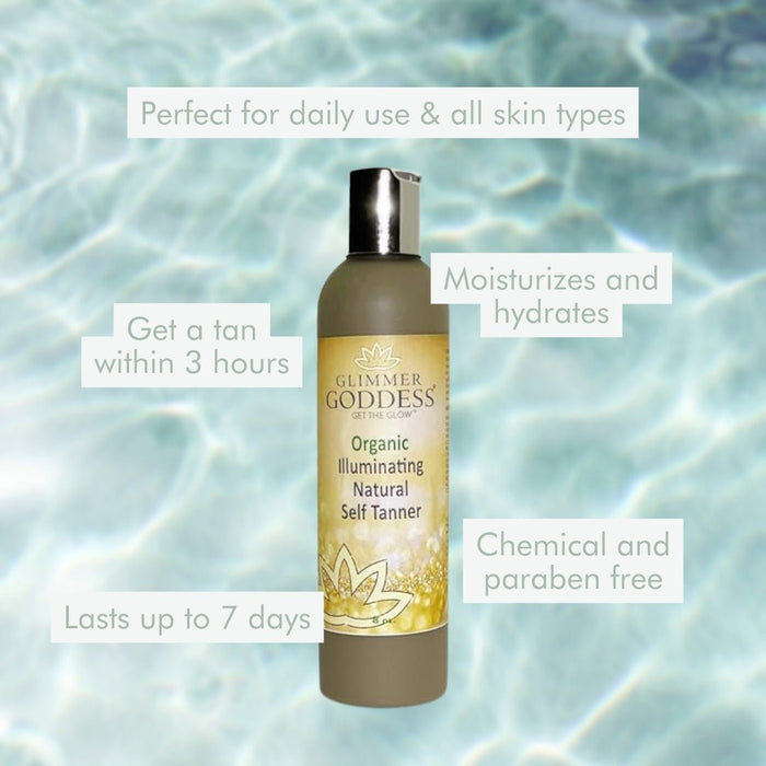 Organic illuminating natural self tanner bottle with hydrating benefits, chemical-free, for all skin types