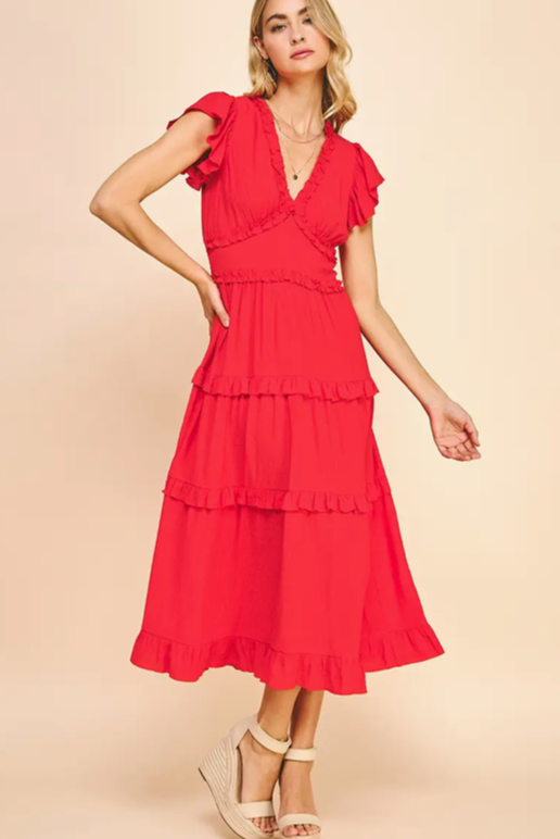 Pinch Ruffled Tea Length Dress