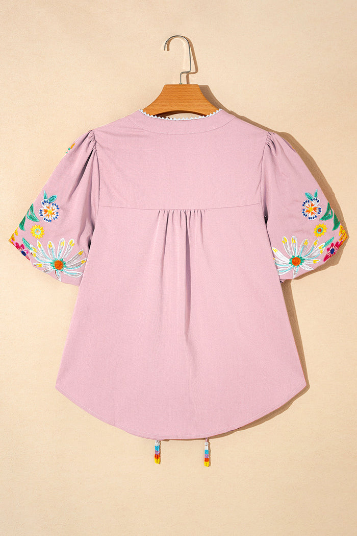 Pink Floral Embroidered Puff Sleeve Split Neck Blouse - Tops/Blouses & Shirts