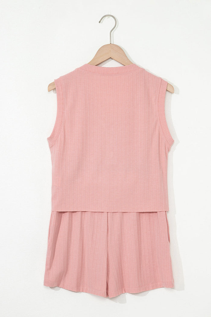 Pink Ribbed Button V Neck Tank Top and Shorts Co-ord Set - Two Piece Sets/Short Sets