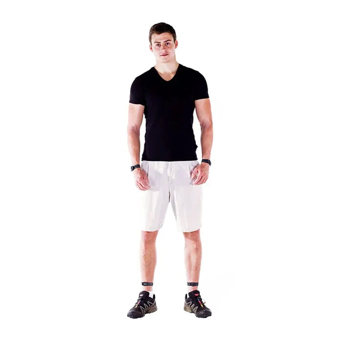 Person wearing Pyramid DEET Mosquito Repellent Wrist Bands on both their arms and ankles on a white background