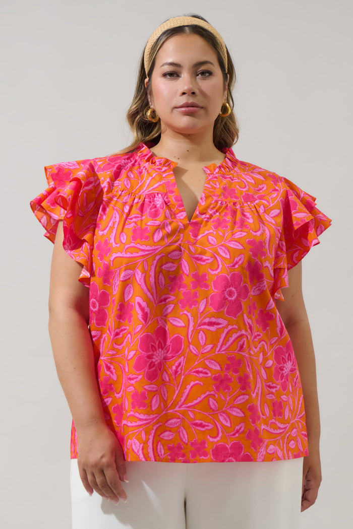 Rea Floral Emery Split Neck Top Curve