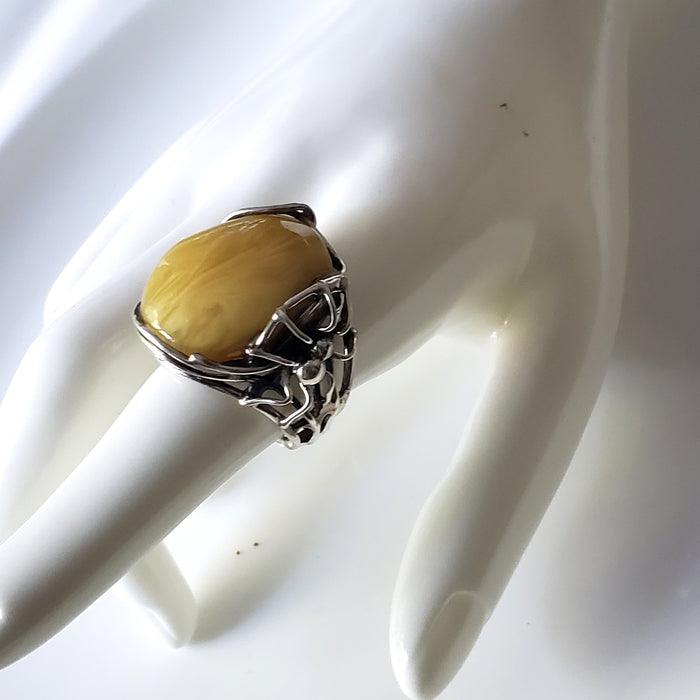spider web butterscotch amber silver large ring