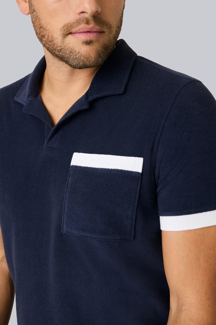 Detailed pocket of Terry Cloth Johnny Collar Polo in Night Sky