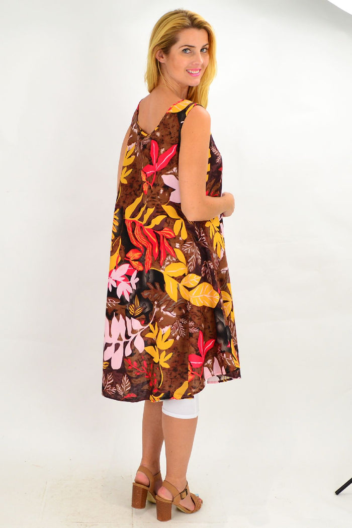 Sleeveless Tropical Autumn Leaf Linen Cotton Tunic Dress by Ruby Rain, featuring a vibrant leaf pattern and relaxed fit.