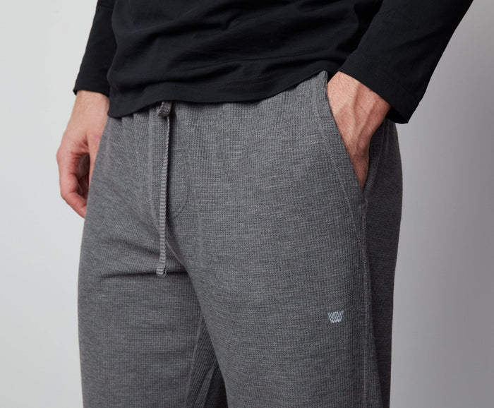 Detailed side view of a man wearing WARMKNIT Pajama Pant in Grey Heather
