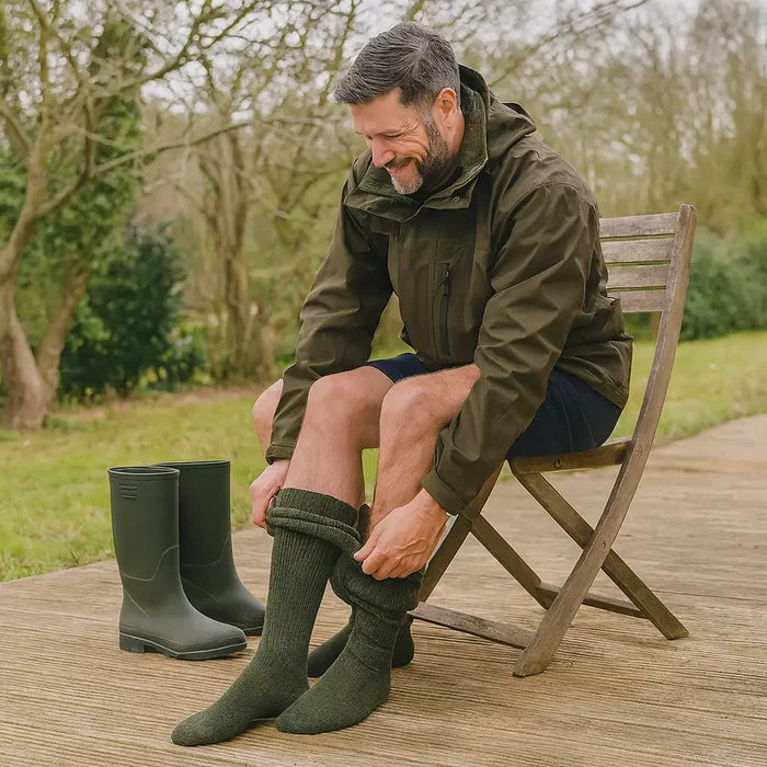 Man sitting on a garden chair taking off his pair of Sub Zero wellington boot socks