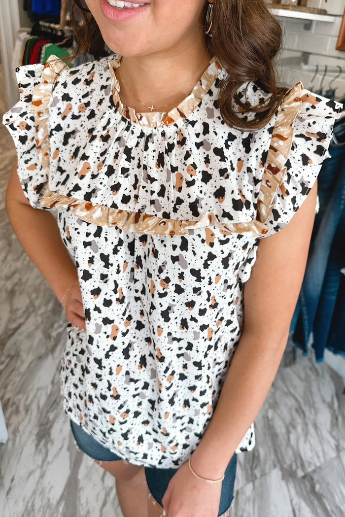 White Frilly Trim Leopard Animal Spots Blouse - Tops/Blouses & Shirts