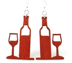 Wine bottle and glass earrings — wine bottle with glass in laser-cut wood, made in USA