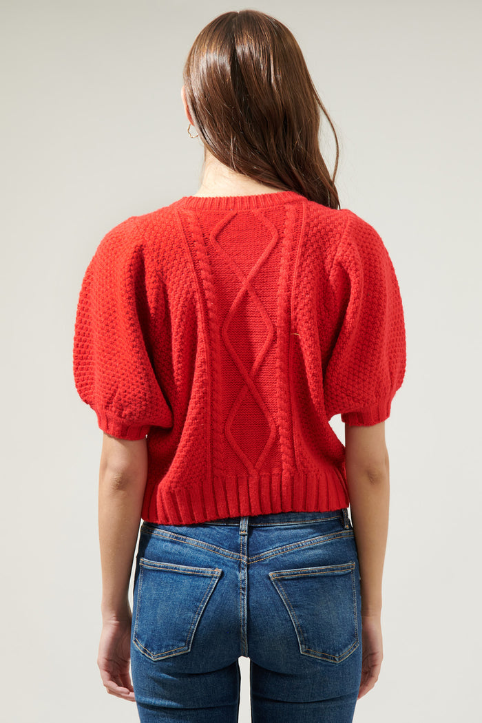 Wish You Well Cable Knit Puff Sleeve Sweater Top