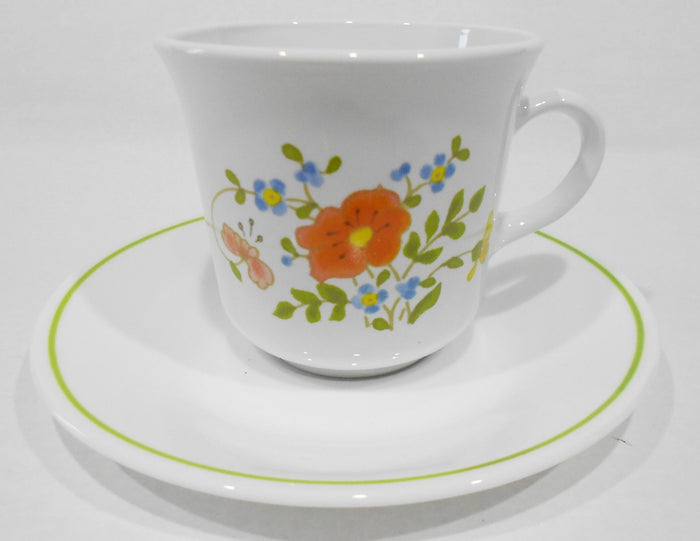 ❤️ 1 NEW Corelle Corning WILDFLOWER CUP & SAUCER SET Orange Poppy Green Band