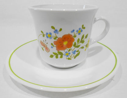 ❤️ 1 NEW Corelle Corning WILDFLOWER CUP & SAUCER SET Orange Poppy Green Band