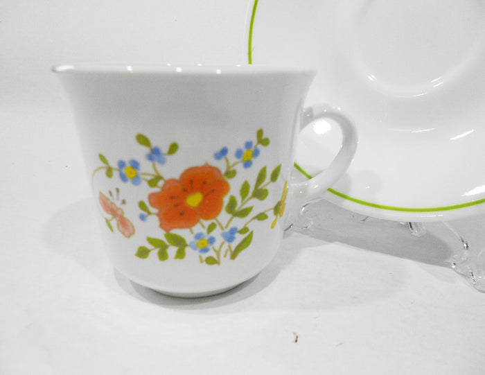 ❤️ 1 NEW Corelle Corning WILDFLOWER CUP & SAUCER SET Orange Poppy Green Band