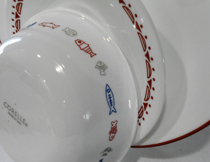 ❤️ 12-pc Corelle HARBOR TOWN Dinnerware Set / FISH Fishing Boat Red Blue Gray