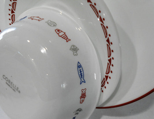 ❤️ 12-pc Corelle HARBOR TOWN Dinnerware Set / FISH Fishing Boat Red Blue Gray